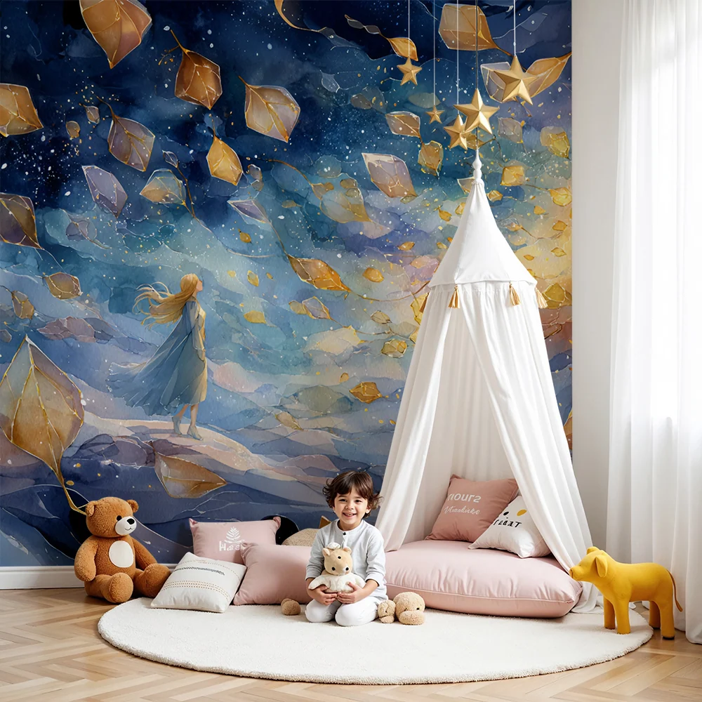 Papel de parede crianç | Sonho iluminado e folhas douradas