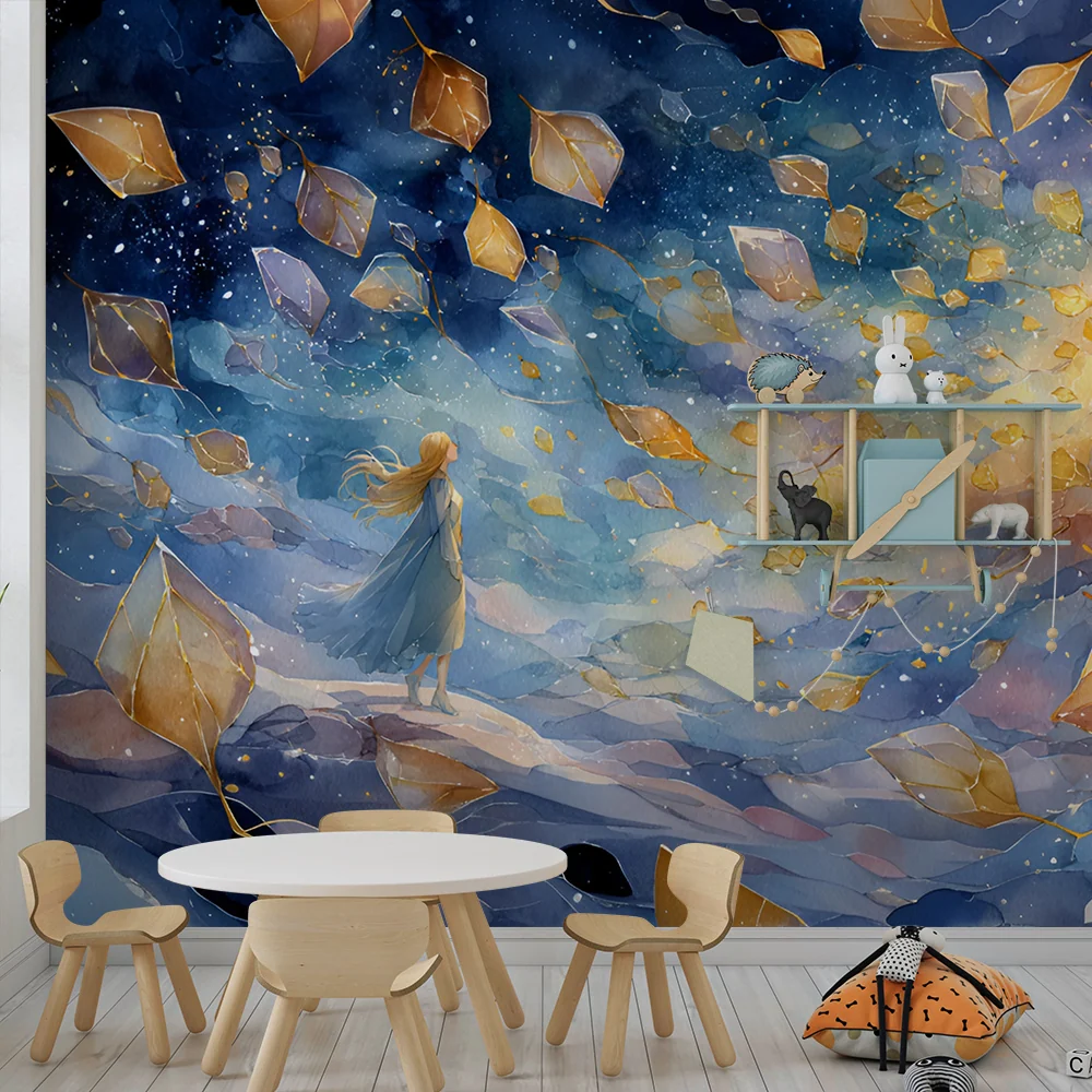 Papel de parede crianç | Sonho iluminado e folhas douradas