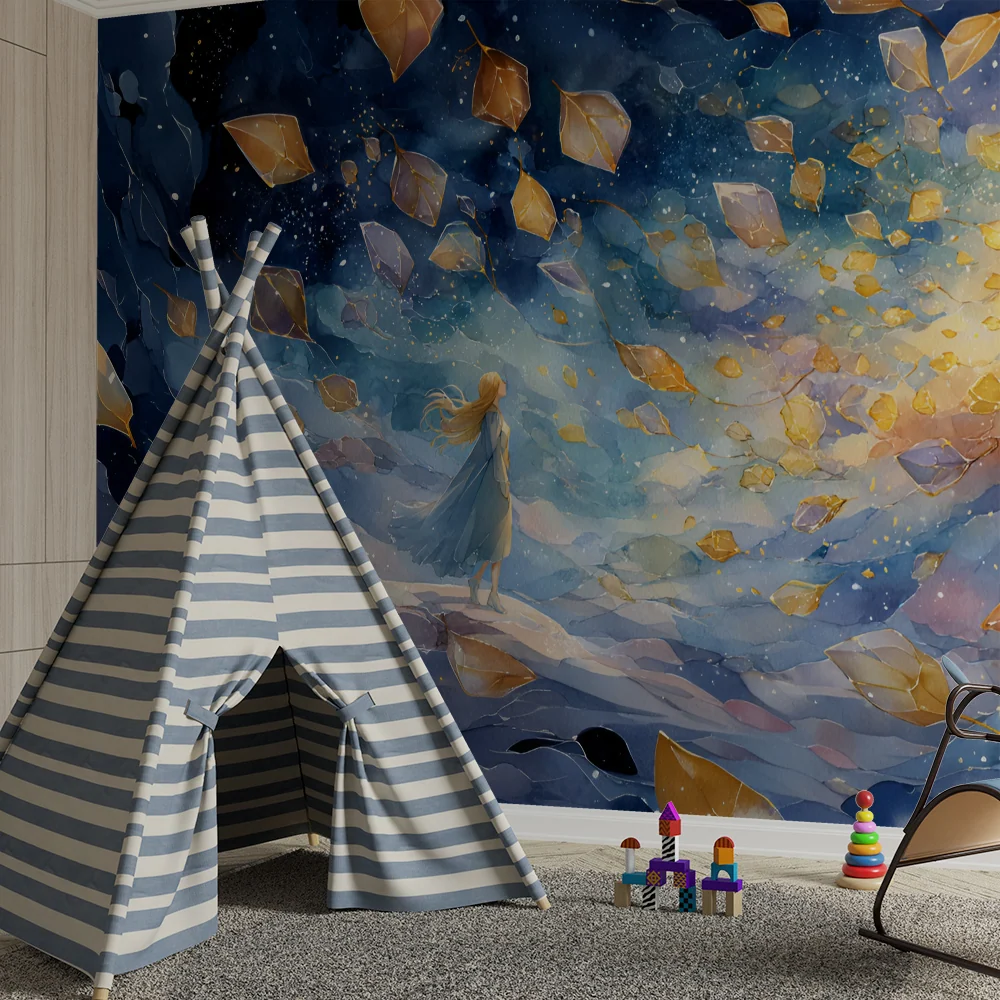 Papel de parede crianç | Sonho iluminado e folhas douradas