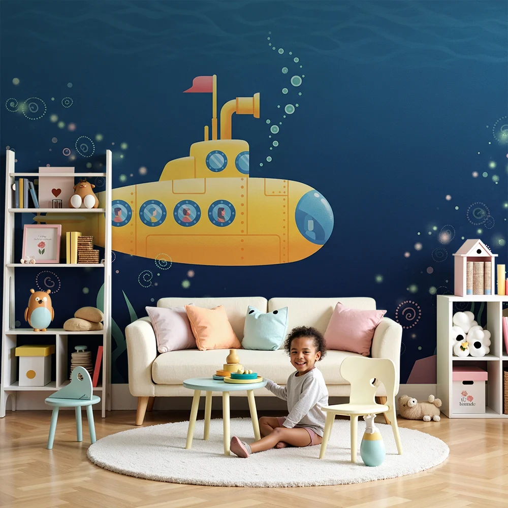 Papel de parede crianç | Submarino amarelo explorando as profundezas marinhas