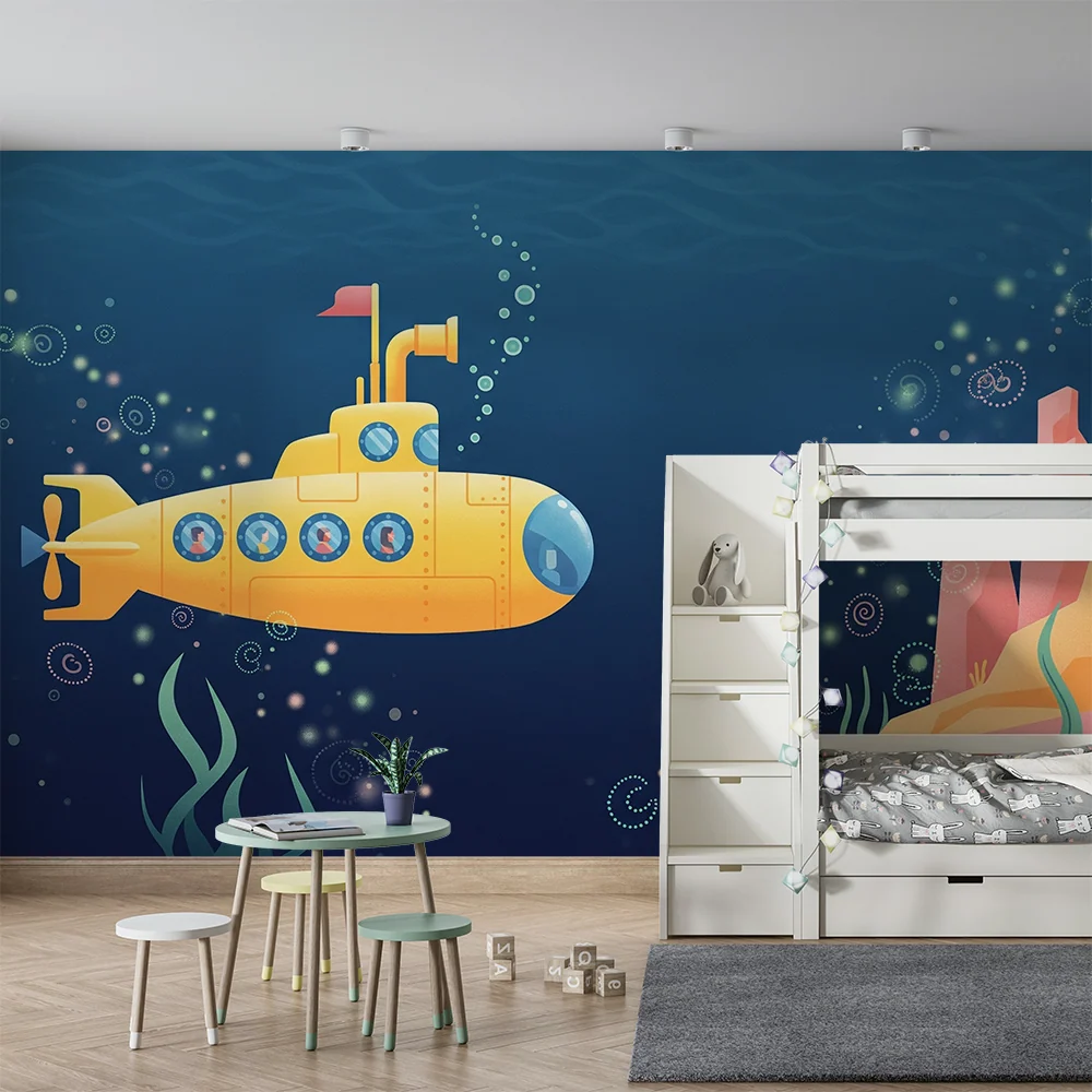 Papel de parede crianç | Submarino amarelo explorando as profundezas marinhas