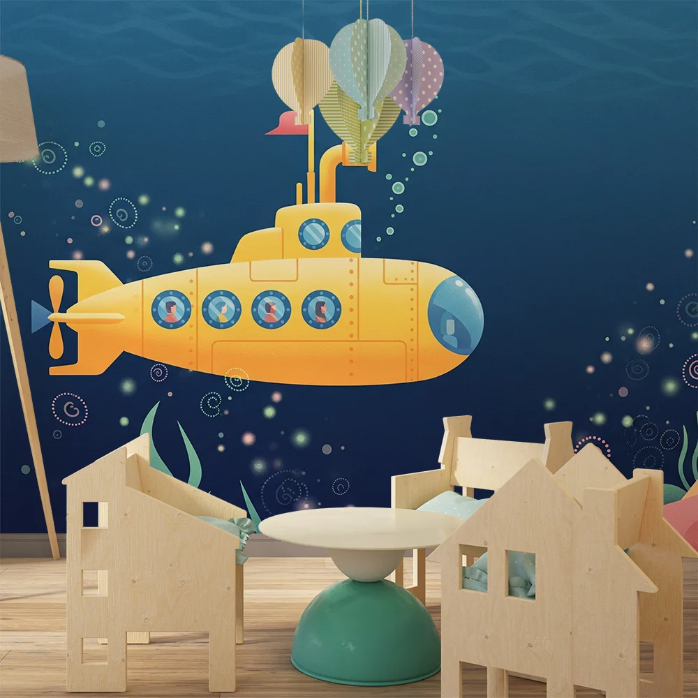 Papel de parede crianç | Submarino amarelo explorando as profundezas marinhas