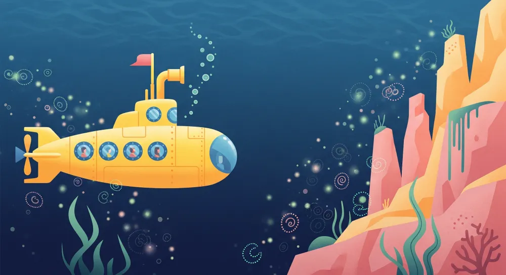 Papel de parede crianç | Submarino amarelo explorando as profundezas marinhas