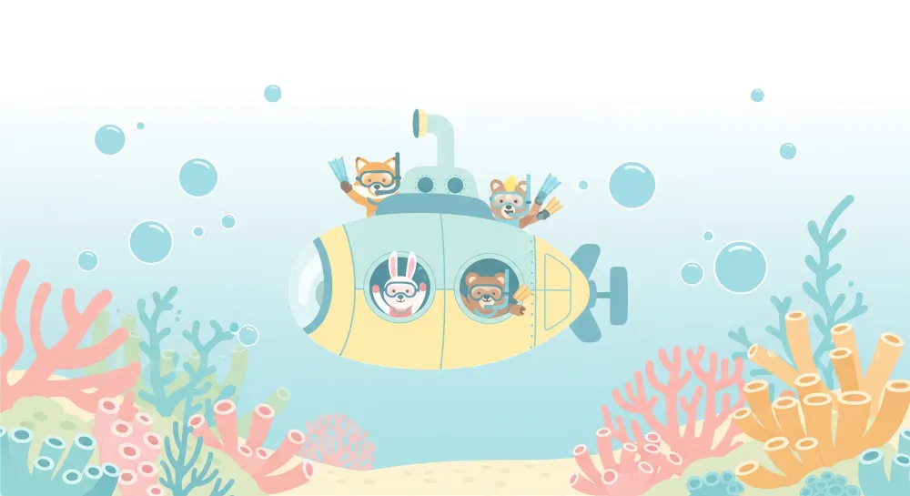 Papel de parede crianç | Submarino colorido com animais exploradores subaquáticos