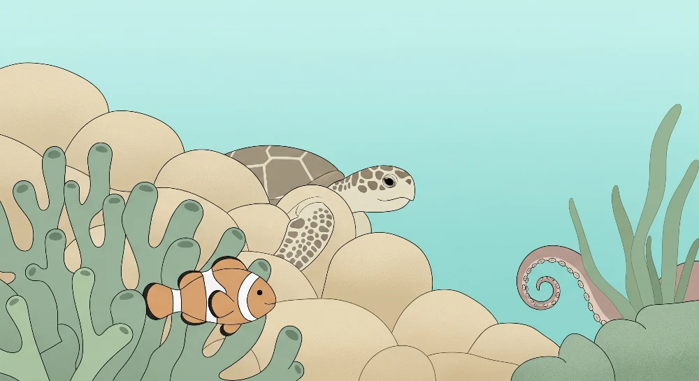 Papel de parede crianç | Submarino com tartaruga e peixe-palhaço