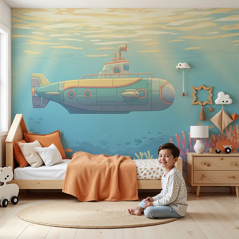 Papel de parede crianç | Submarino explorador no meio dos corais coloridos