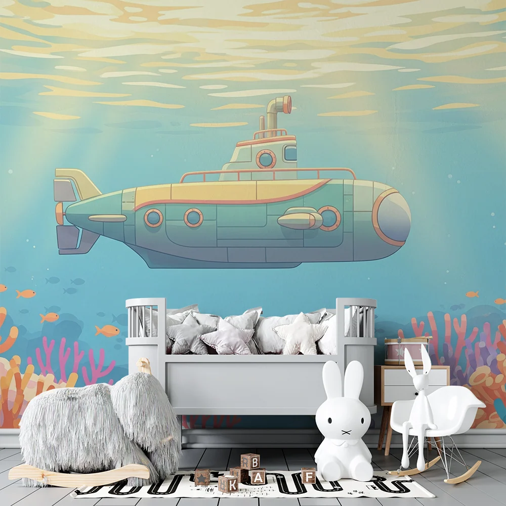 Papel de parede crianç | Submarino explorador no meio dos corais coloridos