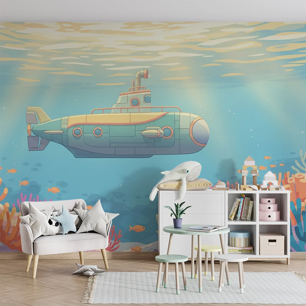 Papel de parede crianç | Submarino explorador no meio dos corais coloridos