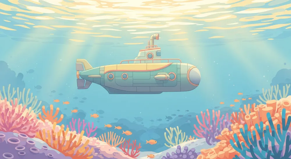 Papel de parede crianç | Submarino explorador no meio dos corais coloridos