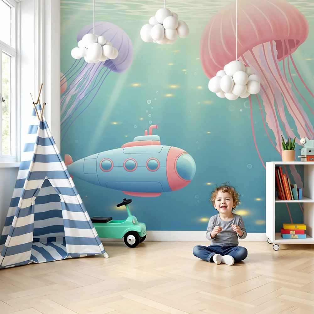 Papel de parede crianç | Submarino e medusas coloridas num mundo subaquático tranquilo