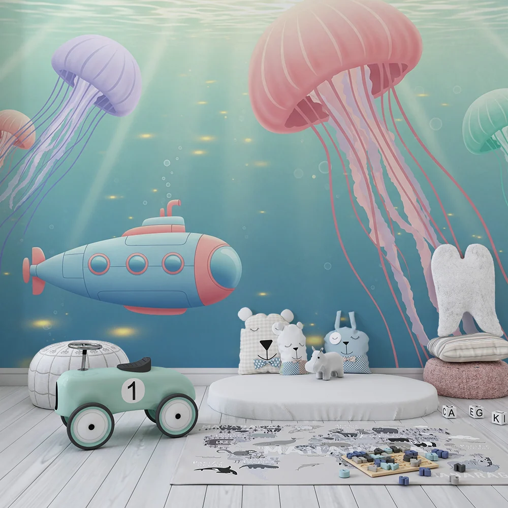 Papel de parede crianç | Submarino e medusas coloridas num mundo subaquático tranquilo