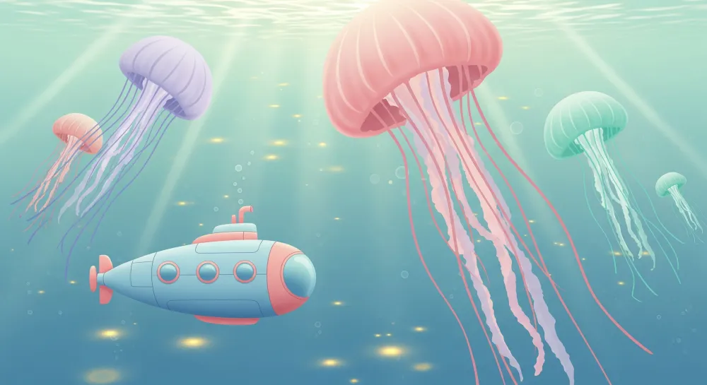 Papel de parede crianç | Submarino e medusas coloridas num mundo subaquático tranquilo