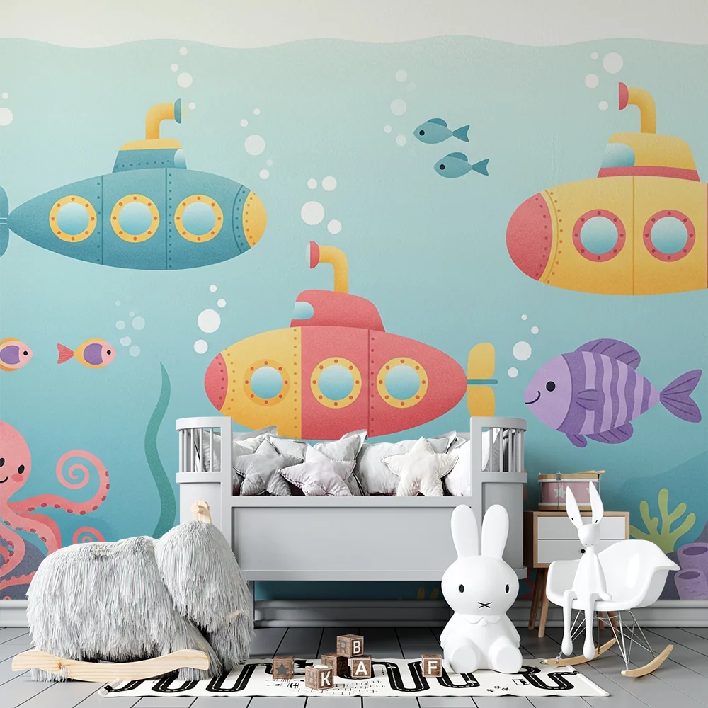Papel de parede crianç | Submarinos coloridos e vida marinha alegre