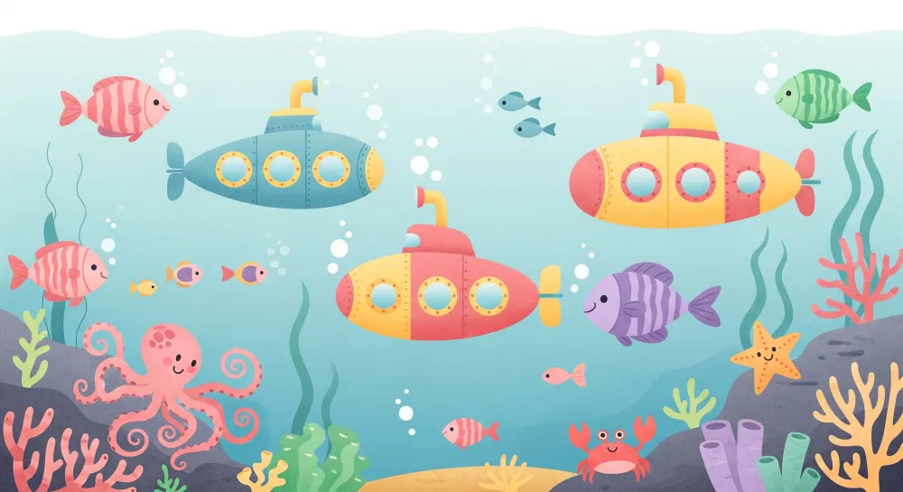 Papel de parede crianç | Submarinos coloridos e vida marinha alegre
