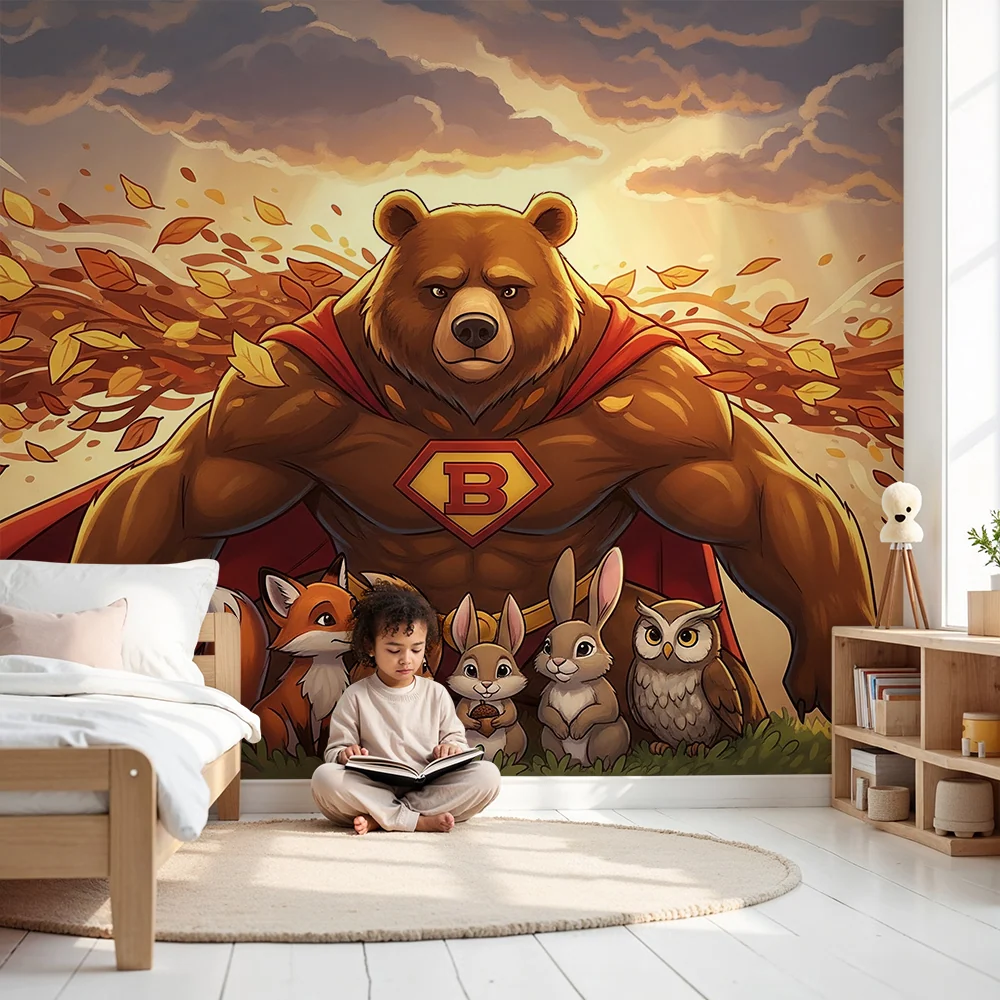 Papel de parede crianç | Super-herói urso e seus amigos animais em um cenário outonal