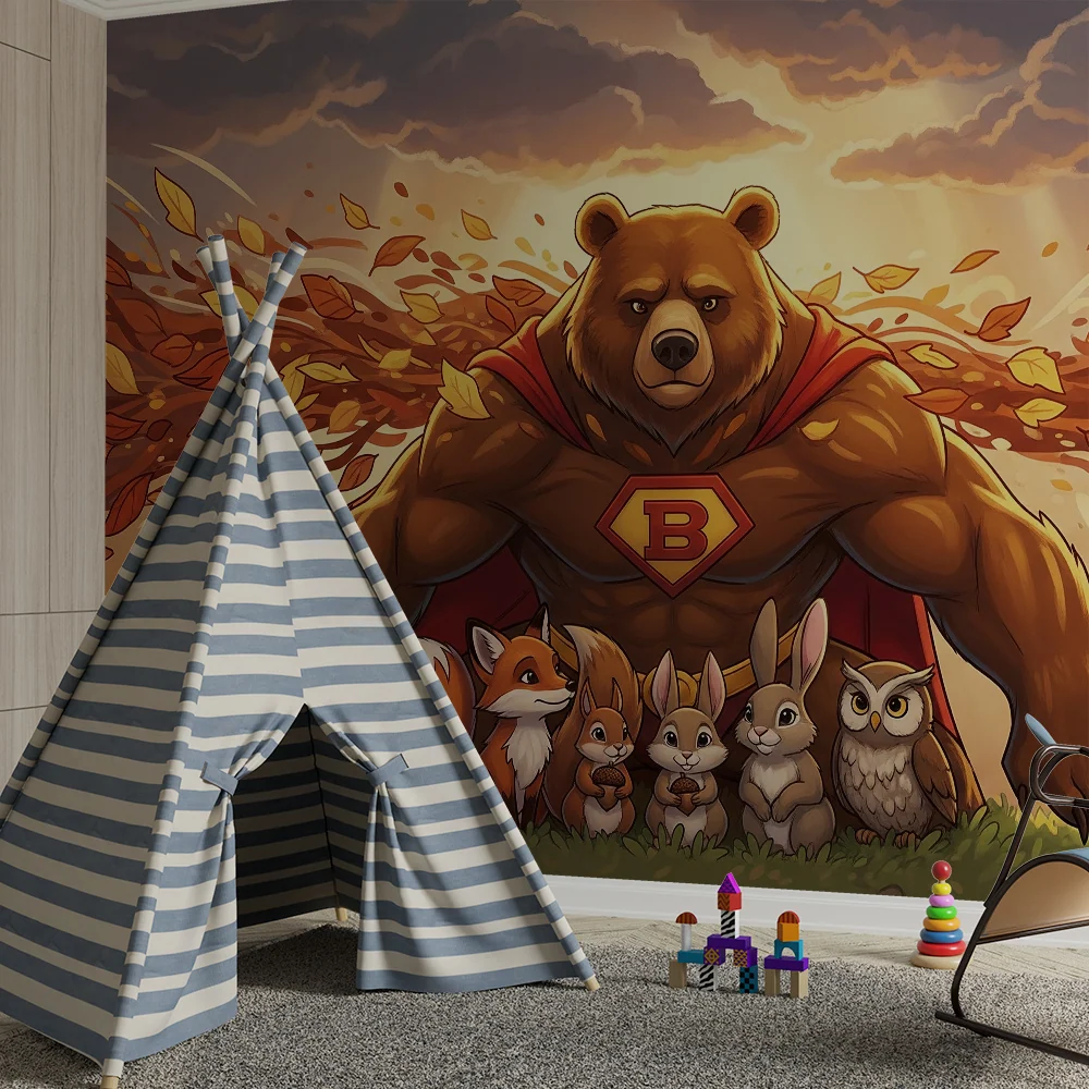 Papel de parede crianç | Super-herói urso e seus amigos animais em um cenário outonal