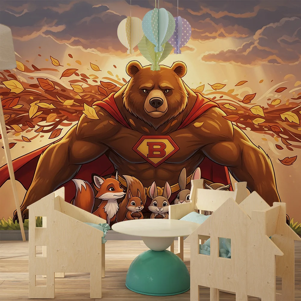 Papel de parede crianç | Super-herói urso e seus amigos animais em um cenário outonal