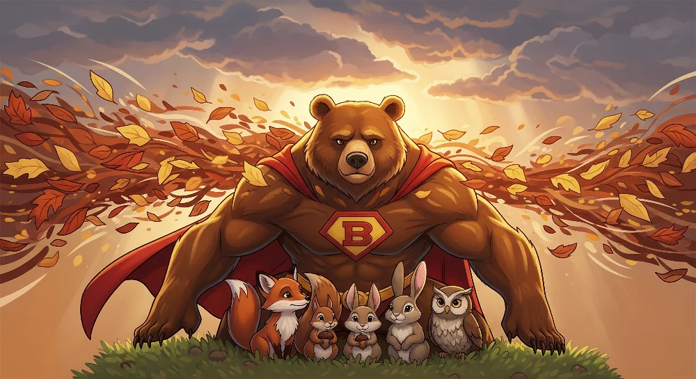 Papel de parede crianç | Super-herói urso e seus amigos animais em um cenário outonal