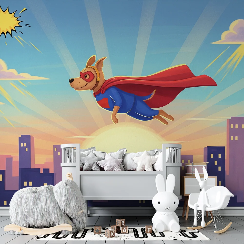 Papel de parede crianç | Cão super-herói voando sobre cidade