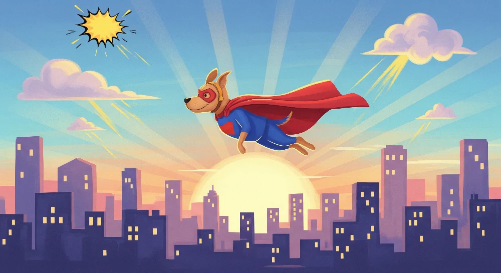 Papel de parede crianç | Cão super-herói voando sobre cidade