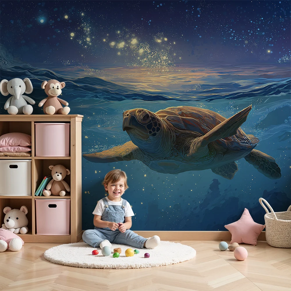 Papel de parede crianç | Tartaruga marinha nadando sob as estrelas