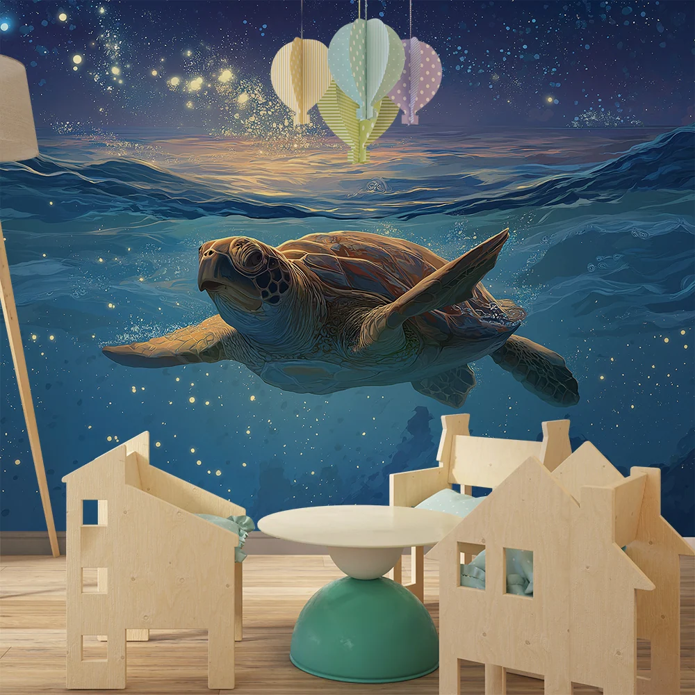 Papel de parede crianç | Tartaruga marinha nadando sob as estrelas