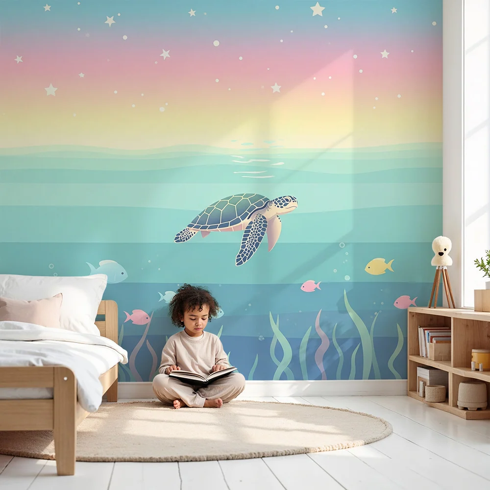 Papel de parede crianç | Tartaruga marinha e peixes coloridos num oceano tranquilo