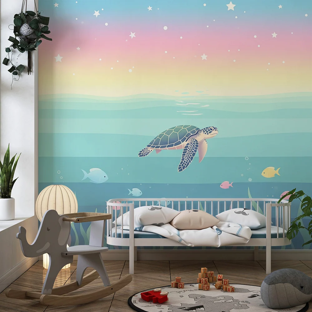 Papel de parede crianç | Tartaruga marinha e peixes coloridos num oceano tranquilo