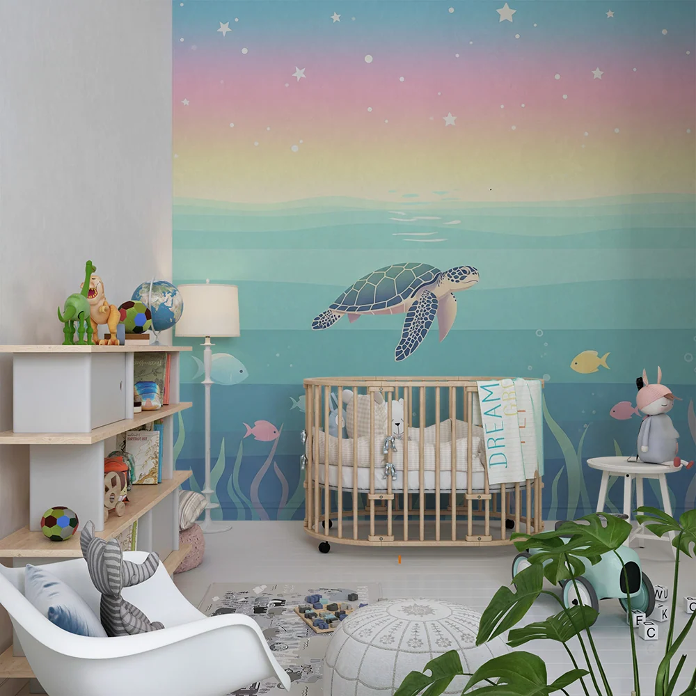 Papel de parede crianç | Tartaruga marinha e peixes coloridos num oceano tranquilo