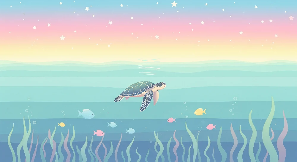 Papel de parede crianç | Tartaruga marinha e peixes coloridos num oceano tranquilo