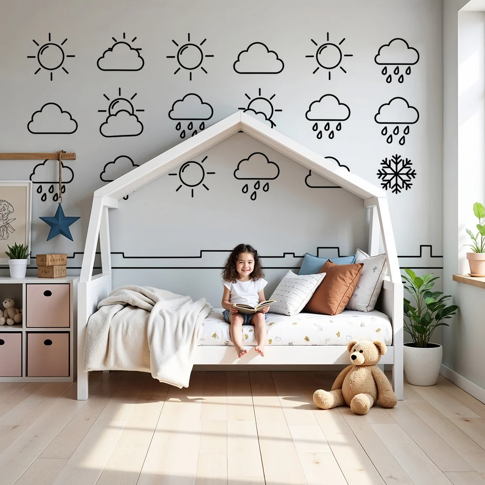 Papel de parede crianç | Tempo divertido com sol, nuvens e chuva