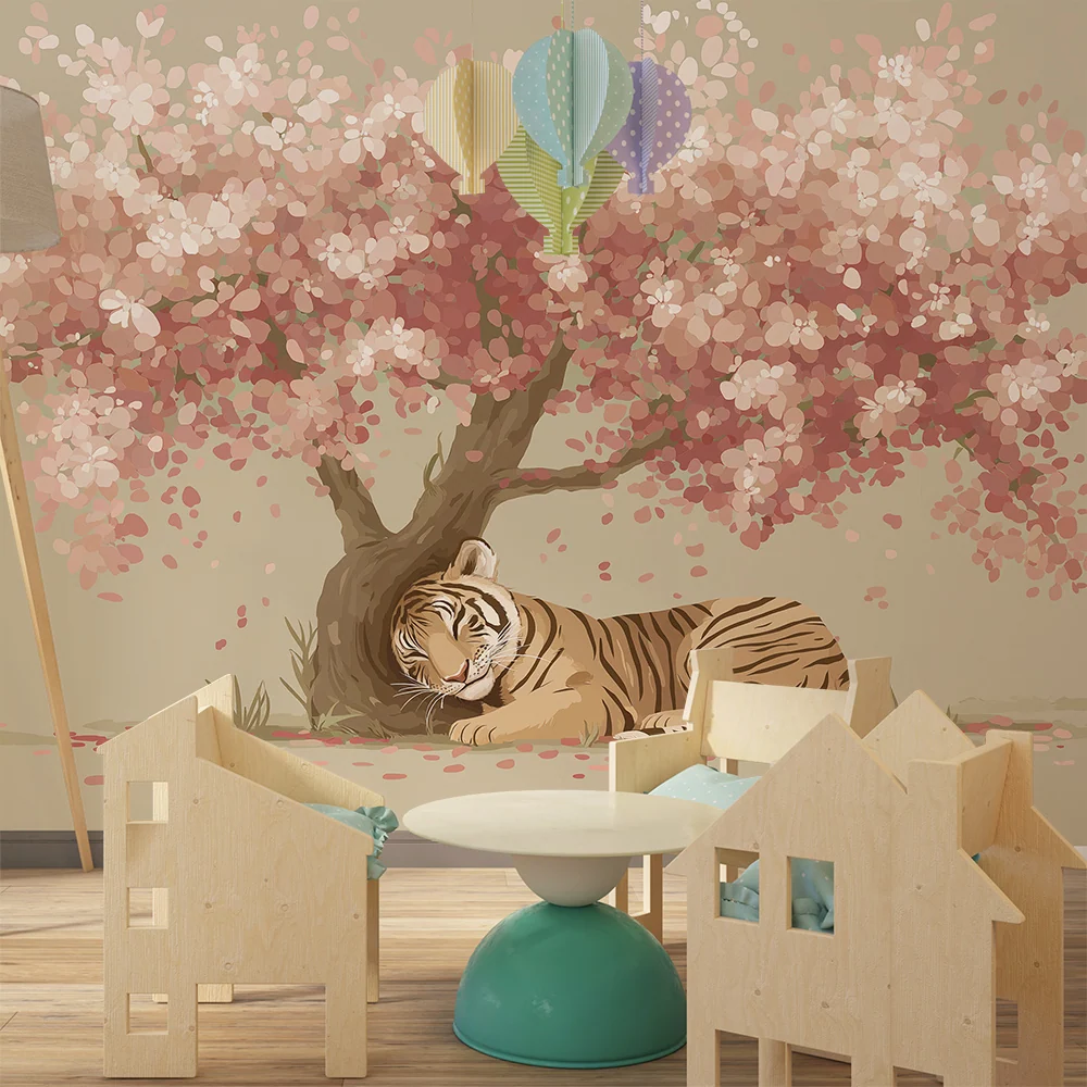 Papel de parede crianç | Tigre adormecido deitado sob uma cerejeira em flor
