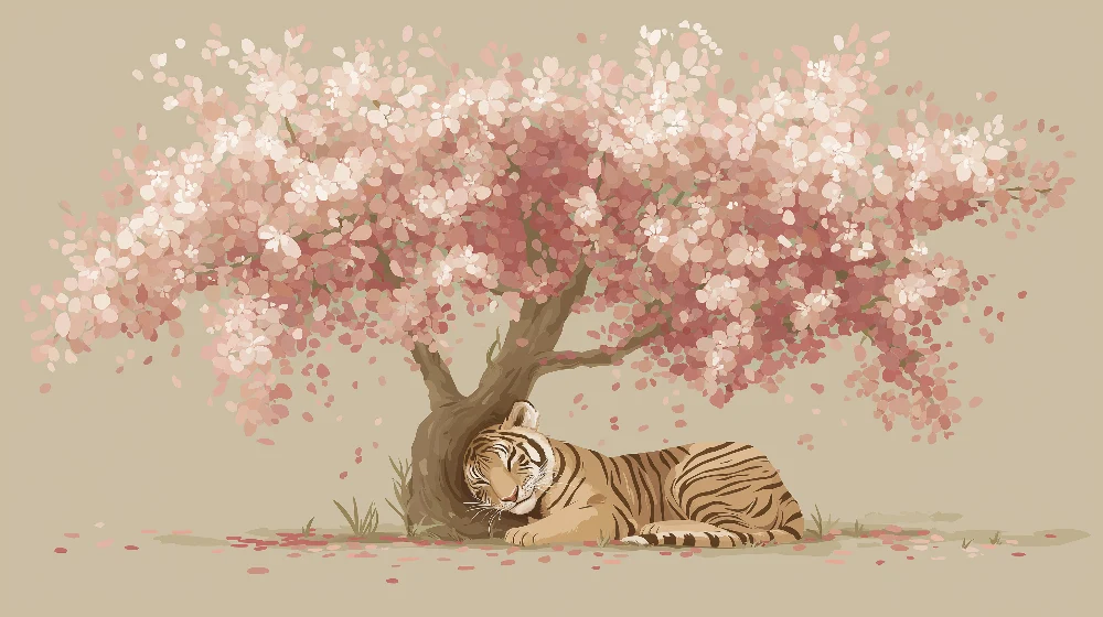Papel de parede crianç | Tigre adormecido deitado sob uma cerejeira em flor
