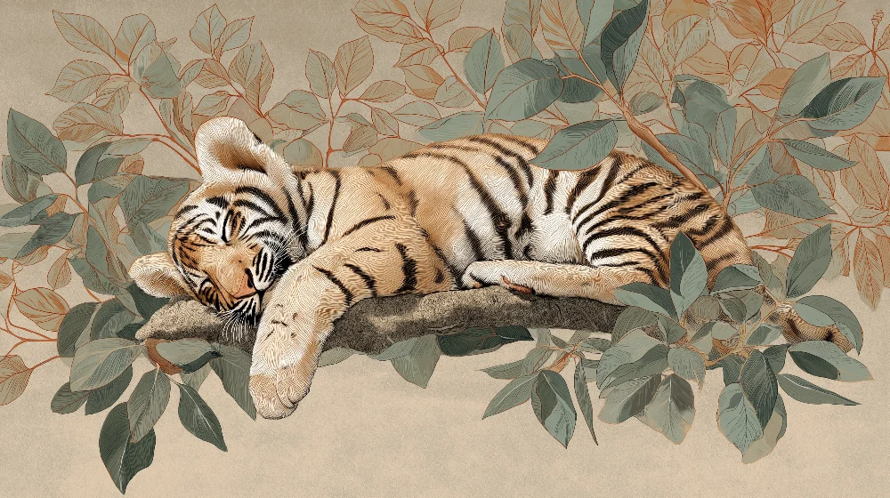 Papel de parede crianç | Tigre adormecido entre folhagens exóticas