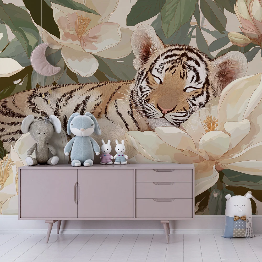 Papel de parede crianç | Tigre adormecido entre flores de magnólia