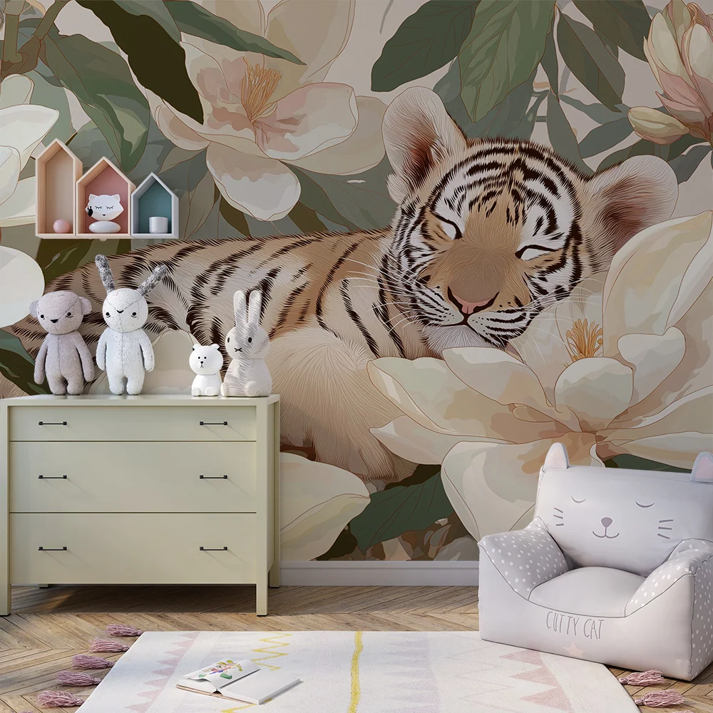 Papel de parede crianç | Tigre adormecido entre flores de magnólia