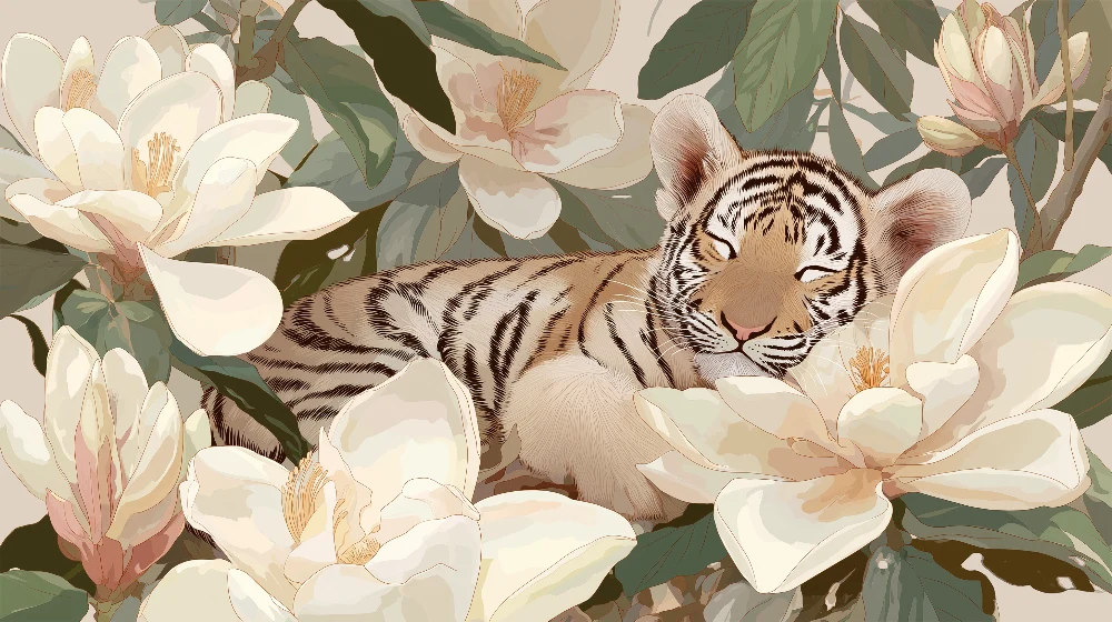 Papel de parede crianç | Tigre adormecido entre flores de magnólia