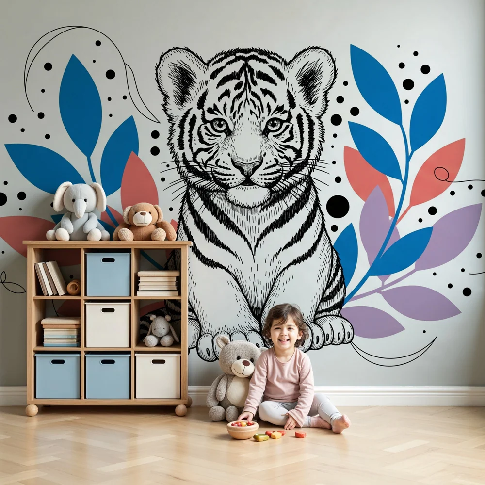 Papel de parede crianç | Tigre adorável rodeado por folhagem colorida
