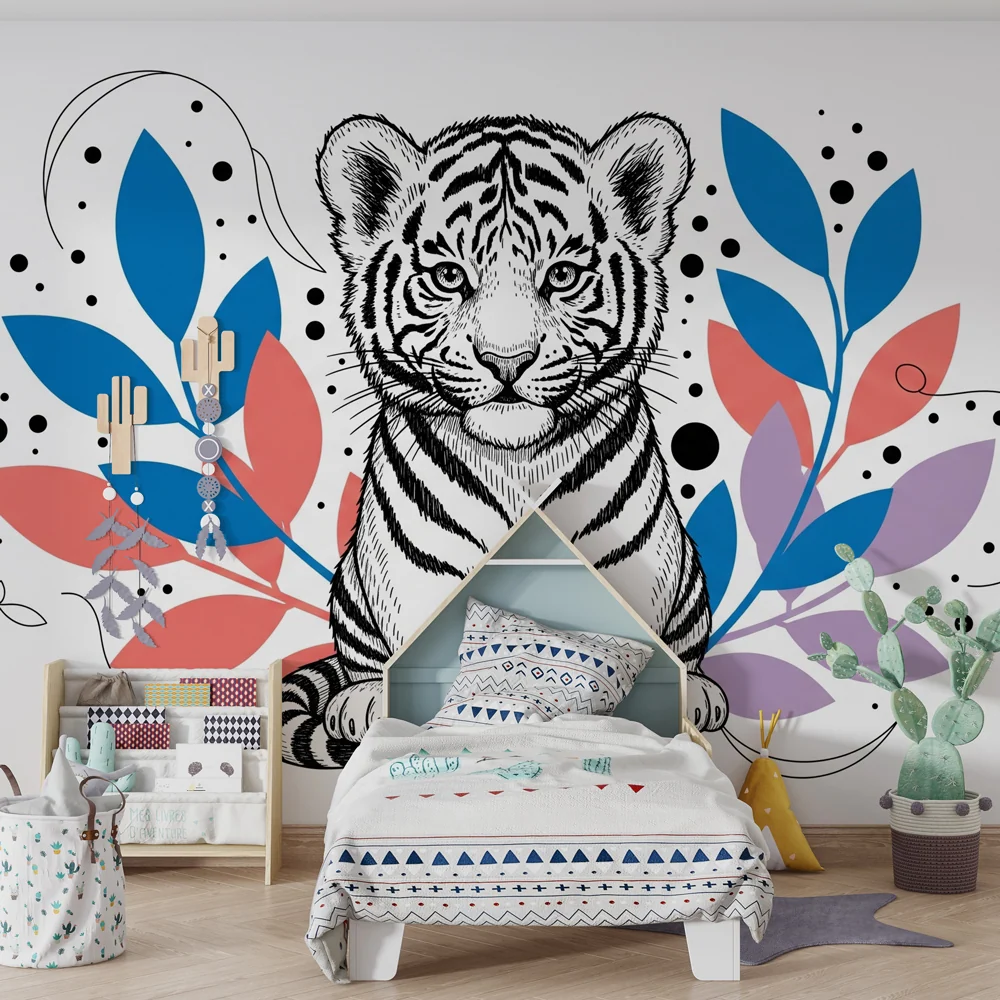 Papel de parede crianç | Tigre adorável rodeado por folhagem colorida