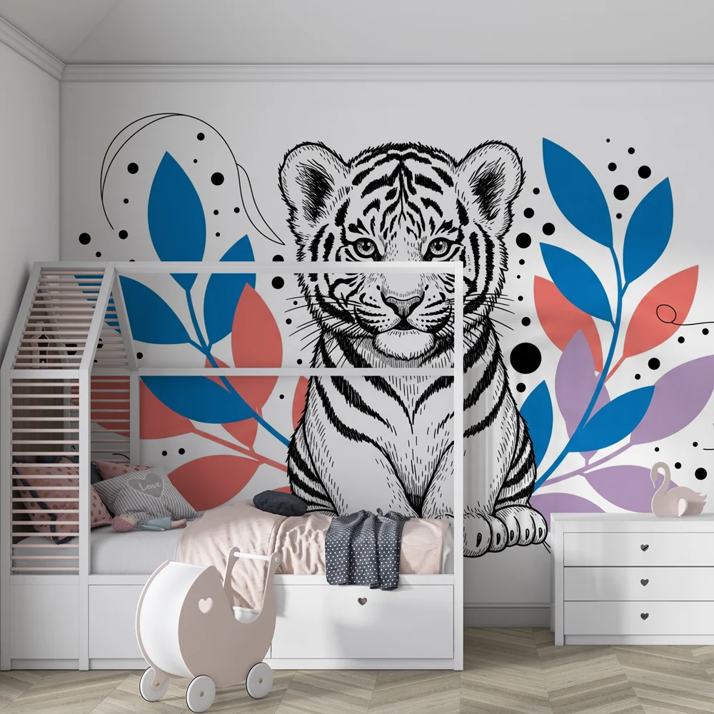 Papel de parede crianç | Tigre adorável rodeado por folhagem colorida