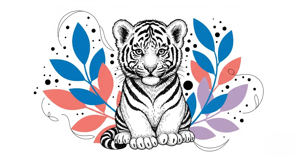 Papel de parede crianç | Tigre adorável rodeado por folhagem colorida
