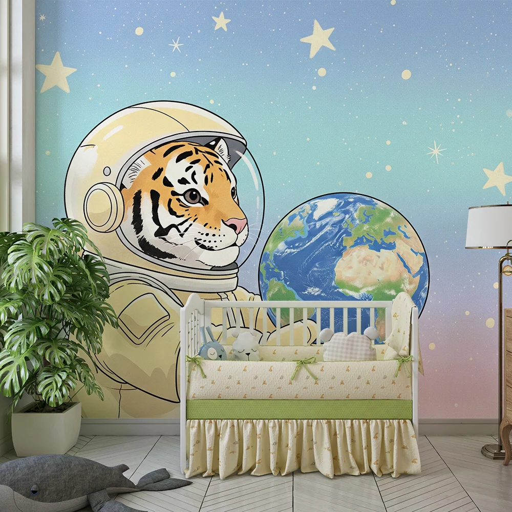 Papel de parede crianç | Tigre astronauta segurando Terra no espaço estrelado