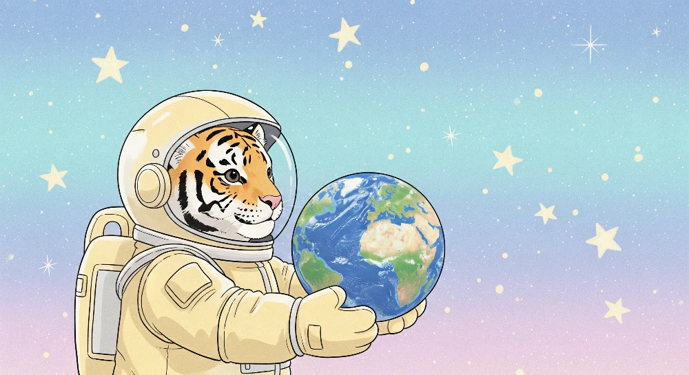 Papel de parede crianç | Tigre astronauta segurando Terra no espaço estrelado