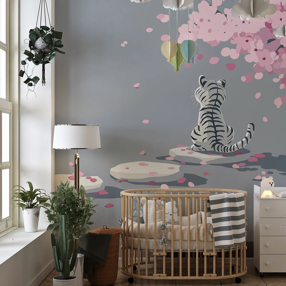 Papel de parede crianç | Tigre branco sob uma cerejeira em flor