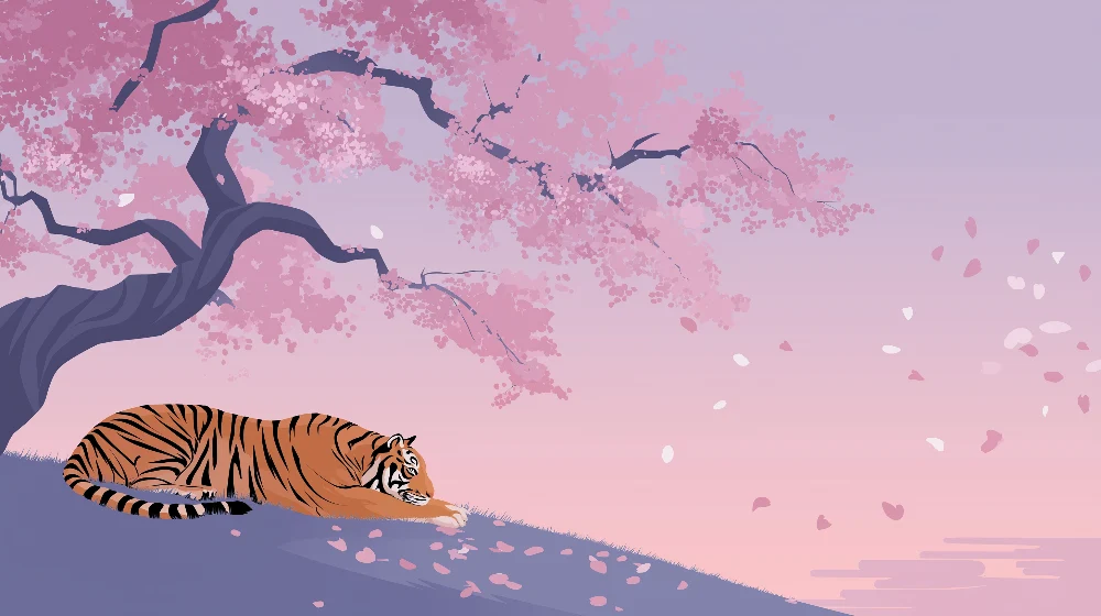 Papel de parede crianç | Tigre deitado sob uma cerejeira em flor