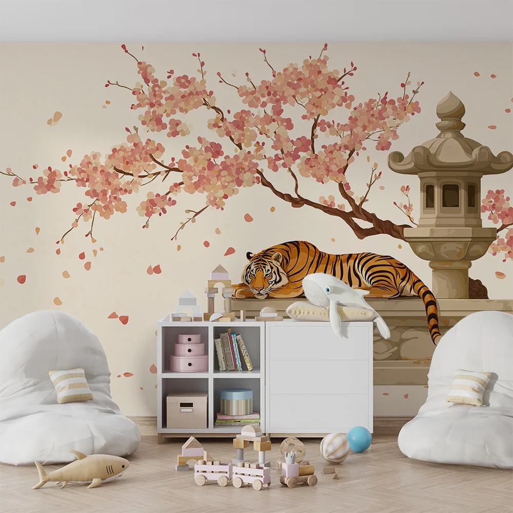 Papel de parede crianç | Tigre descansando sob uma cerejeira em flor