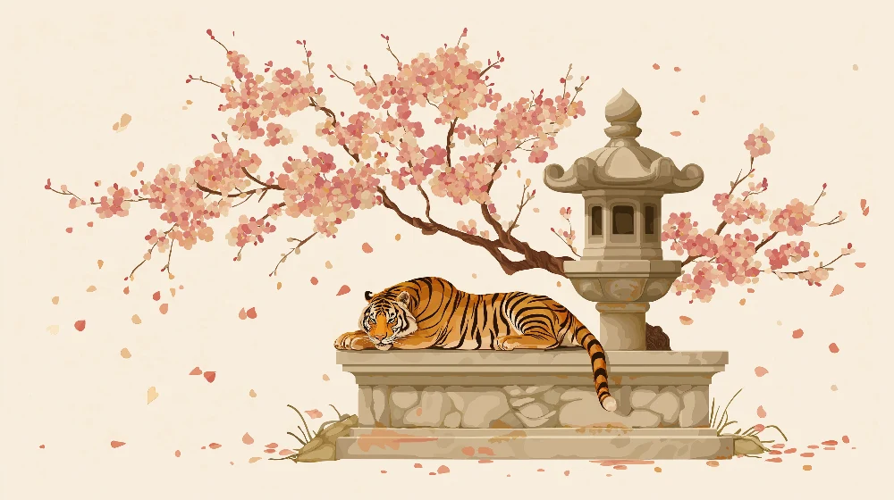 Papel de parede crianç | Tigre descansando sob uma cerejeira em flor