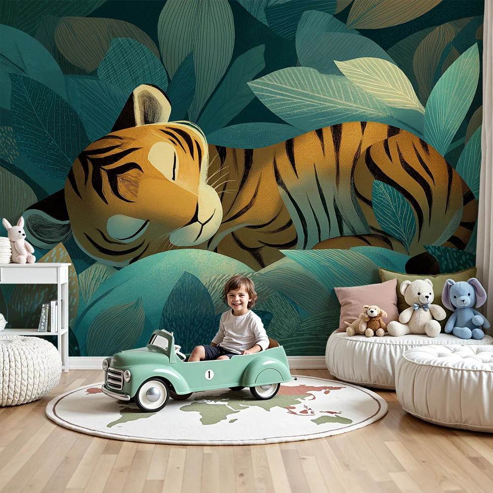 Papel de parede crianç | Tigre dormir no meio de uma selva luxuriante