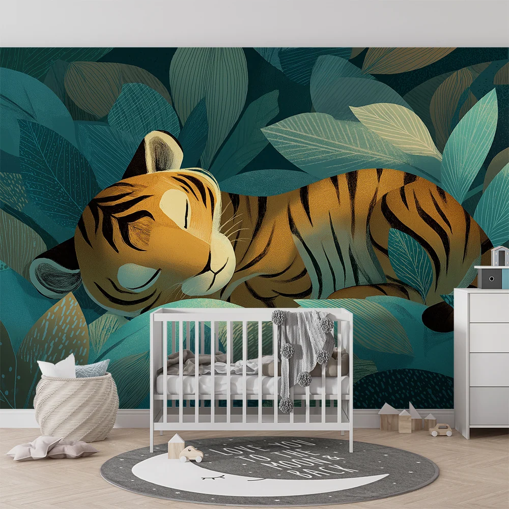 Papel de parede crianç | Tigre dormir no meio de uma selva luxuriante