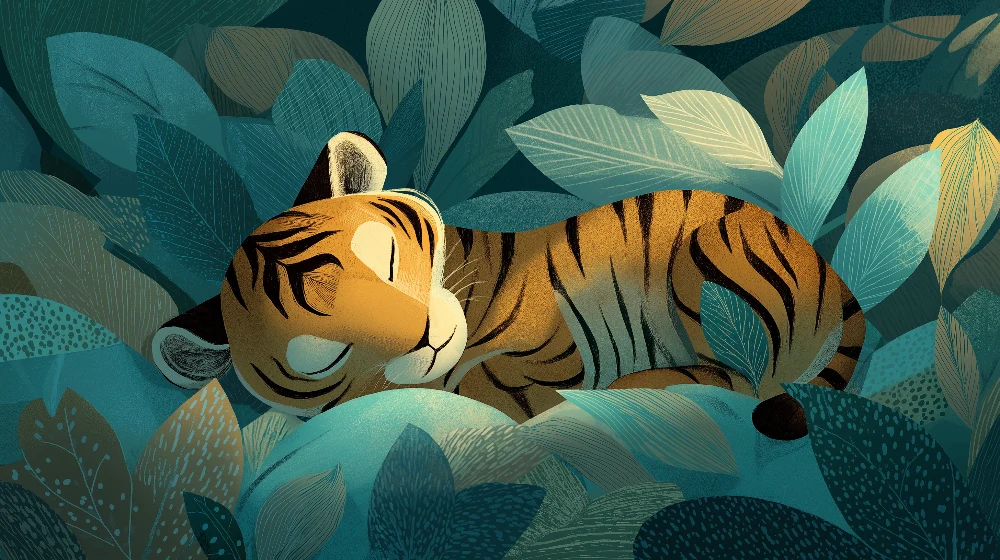 Papel de parede crianç | Tigre dormir no meio de uma selva luxuriante